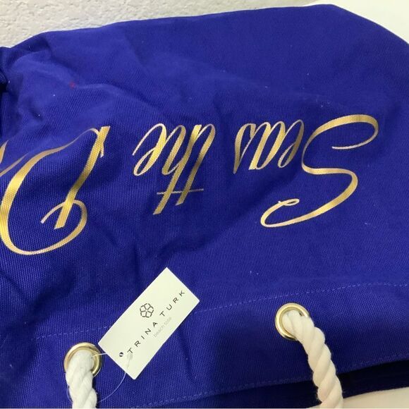 Trina Turk Large Canvas Tote Carryall Beach Bag "Seas the Day" Cobalt Blue NWT - Picture 10 of 12